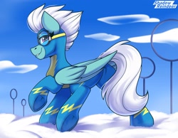 Size: 2250x1750 | Tagged: safe, artist:shadowreindeer, imported from derpibooru, fleetfoot, pegasus, pony, butt, clothes, cloud, featured image, female, fleetbutt, frog (hoof), goggles, grin, looking at you, looking back, looking back at you, mare, on a cloud, plot, raised hoof, rear view, sexy, sky, smiling, smiling at you, solo, underhoof, uniform, wonderbolts uniform