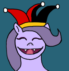 Size: 564x583 | Tagged: safe, artist:houndy, imported from derpibooru, oc, oc only, bust, hat, jester hat, sharp teeth, simple background, teeth