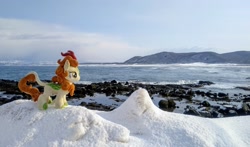 Size: 2048x1205 | Tagged: safe, imported from derpibooru, photographer:pakapaka1993, autumn blaze, kirin, pony, irl, japan, ocean, photo, plushie, snow, solo, water, winter