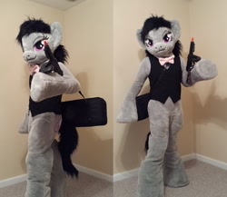 Size: 1024x888 | Tagged: safe, artist:atalonthedeer, imported from derpibooru, octavia melody, earth pony, human, bag, bedroom eyes, bowtie, female, fursuit, g4, gangster, gun, hooves, irl, irl human, photo, ponysuit, raised hoof, satchel, smiling, solo, tail, tommy gun, waistcoat