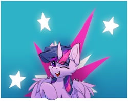 Size: 1280x1013 | Tagged: safe, artist:n_thing, imported from derpibooru, twilight sparkle, alicorn, pony, bust, cutie mark, cutie mark background, ear fluff, eye clipping through hair, eyebrows, eyebrows visible through hair, eyelashes, female, horn, looking at you, mare, one eye closed, open mouth, open smile, out of frame, partially open wings, smiling, smiling at you, solo, teeth, twilight sparkle (alicorn), wings, wink, winking at you