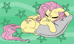 Size: 1280x768 | Tagged: safe, artist:fidzfox, artist:imlpidimon, imported from derpibooru, fluttershy, pegasus, pony, abstract background, cute, eyes closed, female, floppy ears, folded wings, lying down, mare, nap, on side, pillow, shyabetes, sleeping, solo, stray strand, trace, wings