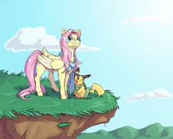 Size: 3391x2743 | Tagged: safe, artist:mylittlesonic, imported from derpibooru, fluttershy, pegasus, pikachu, pony, cliff, clothes, crossover, duo, female, folded wings, grass, hairband, high res, kamina sunglasses, looking away, looking up, mare, outdoors, pokémon, scarf, sky, smiling, standing, stray strand, sunglasses, tail, tail feathers, wings