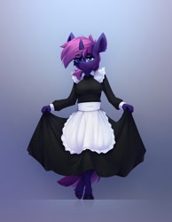 Size: 837x1080 | Tagged: safe, artist:n_thing, imported from derpibooru, oc, oc only, oc:w, anthro, unguligrade anthro, unicorn, anthro oc, apron, blue eyes, breasts, cheek fluff, clothes, commission, curtsey, eyebrows, eyebrows visible through hair, eyelashes, female, gradient background, hooves, horn, looking at you, maid, mare, solo, standing, tail