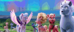 Size: 1450x640 | Tagged: safe, imported from derpibooru, screencap, queen haven, sprout cloverleaf, earth pony, pegasus, pony, unicorn, spoiler:my little pony: a new generation, absurd file size, absurd gif size, alphabittle blossomforth, animated, aquamarine forsythia, aurora borealis, beard, ear flick, emperor sprout, facial hair, female, flapping, flapping wings, g5, gif, glowing, glowing horn, happy, horn, jewelry, laraha blossom, lavender taffy, looking at each other, looking at self, looking at someone, magic, male, mare, maretime bay, mother and child, mother and son, my little pony: a new generation, nervous, phyllis cloverleaf, scared, smiling, spread wings, stallion, unnamed character, unnamed pony, wings, worried