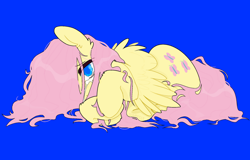 Size: 1280x820 | Tagged: safe, artist:summersplash, imported from derpibooru, fluttershy, pegasus, pony, blue background, covering face, crying, female, hair over one eye, hooves together, looking at you, lying down, mare, on side, sad, simple background, solo, spread wings, stray strand, teary eyes, wings, wings down