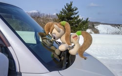 Size: 2048x1290 | Tagged: safe, imported from derpibooru, photographer:pakapaka1993, pony, car, irl, japan, photo, plushie, reflection, snow, solo, tree, winter