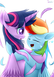 Size: 2480x3507 | Tagged: safe, artist:twidasher, imported from derpibooru, rainbow dash, twilight sparkle, alicorn, pegasus, pony, crying, duo, eyes closed, feather, female, hug, lesbian, shipping, signature, simple background, tears of joy, twidash, twilight sparkle (alicorn), white background