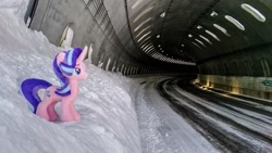 Size: 2048x1152 | Tagged: safe, imported from derpibooru, photographer:pakapaka1993, starlight glimmer, pony, unicorn, irl, japan, photo, plushie, snow, solo, tunnel, winter