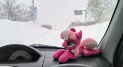 Size: 2048x1117 | Tagged: safe, imported from derpibooru, photographer:pakapaka1993, cheerilee, earth pony, pony, car, car interior, irl, japan, photo, plushie, snow, solo, winter