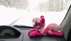 Size: 2048x1175 | Tagged: safe, imported from derpibooru, photographer:pakapaka1993, cheerilee, earth pony, pony, car, car interior, irl, japan, photo, plushie, snow, solo, winter