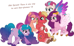 Size: 5588x3500 | Tagged: safe, artist:limedazzle, imported from derpibooru, izzy moonbow, pipp petals, sprout cloverleaf, sunny starscout, zipp storm, earth pony, pegasus, pony, unicorn, bedroom eyes, blushing, female, flying, g5, harem, high res, hooves together, imminent sex, izzysprout, looking at each other, looking at someone, lucky bastard, male, mare, my little pony: a new generation, nervous, pippsprout, shipping, shy, simple background, sitting, smiling, sprout gets all the mares, stallion, straight, sunnysprout, text, transparent background, zippsprout