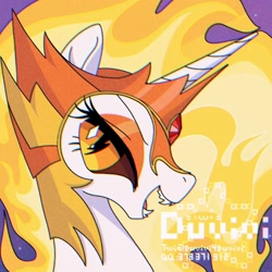 Size: 2000x2000 | Tagged: safe, artist:duvivi, imported from derpibooru, daybreaker, alicorn, pony, fangs, fire, lidded eyes, looking at you, smiling, solo