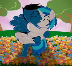 Size: 7200x6600 | Tagged: safe, artist:agkandphotomaker2000, imported from derpibooru, dj pon-3, vinyl scratch, oc, oc:pony video maker, pegasus, pony, unicorn, bipedal, canon x oc, carrying, carrying in arms, female, flower field, hearts and hooves day, holiday, hug, male, shipping, show accurate, spread wings, standing, straight, tree, valentine's day, videoscratch, wings