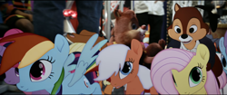 Size: 2556x1074 | Tagged: safe, imported from derpibooru, screencap, applejack, fluttershy, pinkie pie, rainbow dash, twilight sparkle, chipmunk, earth pony, human, pegasus, pony, unicorn, augmented reality, cgi, chip and dale rescue rangers, chip n dale, crossover, disney, disney+, female, g4, irl, irl human, live action, male, mare, movie trailer, old design, photo, pony reference, spoiler, teaser