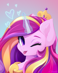 Size: 4000x5000 | Tagged: safe, artist:xsatanielx, imported from derpibooru, princess cadance, alicorn, pony, absurd resolution, bust, cute, cutedance, female, glowing, glowing horn, horn, one eye closed, open mouth, open smile, portrait, smiling, solo, wink