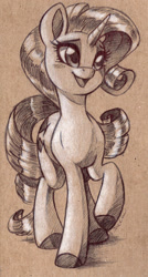 Size: 1280x2382 | Tagged: safe, artist:faline-art, imported from derpibooru, rarity, pony, unicorn, female, high res, mare, monochrome, open mouth, open smile, raised leg, smiling, solo, traditional art