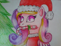 Size: 1600x1200 | Tagged: safe, artist:thebellajaydenart, imported from derpibooru, princess cadance, alicorn, candy, candy cane, christmas, christmas tree, clothes, costume, food, hat, holiday, santa costume, santa hat, solo, traditional art, tree