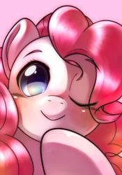 Size: 1430x2048 | Tagged: safe, artist:kurogewapony, imported from derpibooru, pinkie pie, earth pony, pony, blushing, close-up, cute, diapinkes, female, looking at you, mare, one eye closed, pink background, simple background, smiling, smiling at you, solo