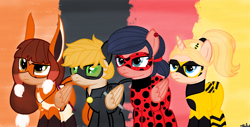 Size: 1308x665 | Tagged: safe, artist:lavender, imported from derpibooru, pegasus, pony, unicorn, chat noir, crossover, ladybug (miraculous ladybug), miraculous ladybug, ponified, queen bee, volpina