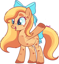 Size: 2164x2362 | Tagged: safe, artist:kurosawakuro, imported from derpibooru, oc, oc only, earth pony, pony, bow, earth pony oc, female, full body, hair bow, high res, hooves, magical lesbian spawn, mare, offspring, open mouth, open smile, parent:applejack, parent:fluttershy, parents:appleshy, raised hoof, signature, simple background, smiling, solo, standing, tail, transparent background, unshorn fetlocks