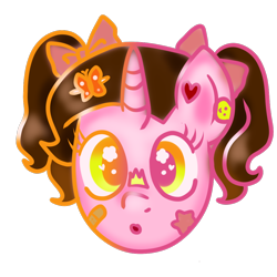 Size: 1000x1000 | Tagged: safe, artist:wrath-marionphauna, imported from derpibooru, oc, oc only, oc:color breezie, unicorn, bow, hair bow, hairpin, heart, kidcore, patch, pigtails, simple background, solo, stars, sticker, transparent background, twintails