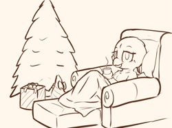Size: 1663x1247 | Tagged: safe, artist:nottrevbe, gabby, griffon, blanket, christmas, christmas presents, christmas tree, explicit source, female griffon, holiday, looking at you, monochrome, tree, younger