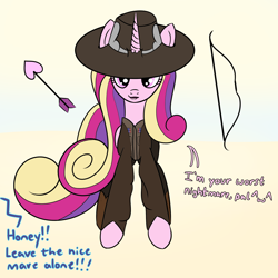 Size: 2000x2000 | Tagged: safe, artist:dafiltafish, imported from derpibooru, princess cadance, alicorn, pony, arrow, bow, cad bane, clothes, dialogue, hat, holiday, implied shining armor, looking at you, solo, star wars, star wars: the book of boba fett, valentine's day