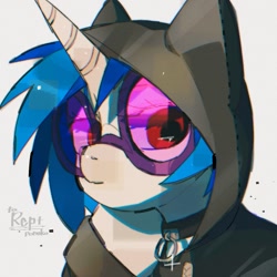 Size: 800x800 | Tagged: safe, artist:poneko-chan, dj pon-3, vinyl scratch, unicorn, bust, choker, clothes, female, glasses, hoodie, looking at something, mare, neutral, portrait, simple background, solo, white background