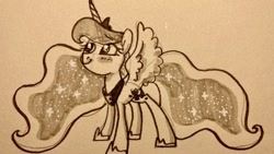 Size: 640x361 | Tagged: safe, artist:kluzart, imported from derpibooru, princess luna, pony, monochrome, solo, traditional art