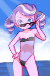 Size: 1020x1530 | Tagged: safe, artist:drantyno, diamond tiara, equestria girls, belly button, clothes, explicit source, female, gris swimsuit, looking at you, solo, solo female, sunglasses, swimsuit