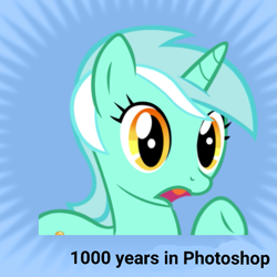 Size: 819x819 | Tagged: safe, edit, imported from derpibooru, vector edit, lyra heartstrings, pony, unicorn, derpibooru, 1000 hours in ms paint, 1000 years in photoshop, bust, female, frown, horn, mare, meta, open mouth, solo, spoiler image, spoilered image joke, text, vector, wide eyes
