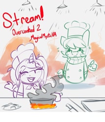 Size: 1200x1400 | Tagged: safe, artist:modularpon, imported from derpibooru, oc, oc:magicalmysticva, oc:modular, oc:mystic moonlight, pony, unicorn, burning, chef, chef's hat, cooking, cute, female, fire, frying pan, hat, livestream, male, mare, overcooked, river, sketch, smoke, stallion, stove, streamers, sweat, twitch, water