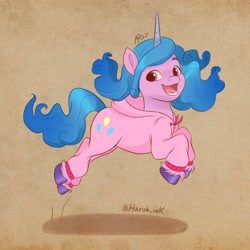 Size: 3508x3508 | Tagged: safe, artist:artharuhi, imported from derpibooru, izzy moonbow, pinkie pie, earth pony, pony, unicorn, clothes, cute, female, g5, hoodie, izzybetes, mare, my little pony: a new generation, onesie, open mouth, pajamas, pronking, sleepwear, solo, unshorn fetlocks