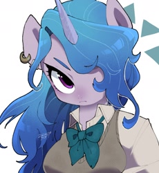 Size: 1748x1900 | Tagged: safe, artist:potetecyu_to, imported from derpibooru, izzy moonbow, anthro, unicorn, ear piercing, earring, female, g5, hair over one eye, jewelry, looking at you, mare, my little pony: a new generation, piercing, simple background, solo, sweater vest, white background