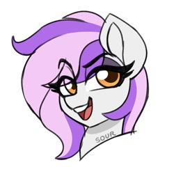 Size: 2000x2000 | Tagged: safe, artist:sickly-sour, imported from derpibooru, oc, oc only, oc:mewio, pony, bust, eye clipping through hair, eyebrows, eyebrows visible through hair, lidded eyes, open mouth, open smile, portrait, signature, simple background, smiling, solo, two toned mane, white background