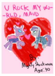 Size: 800x1100 | Tagged: safe, artist:mightyshockwave, imported from derpibooru, maud pie, oc, oc:maxilla, changedling, changeling, canon x oc, changedling oc, changeling oc, crayon, heart, hearts and hooves day