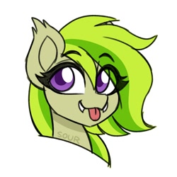 Size: 2000x2000 | Tagged: safe, artist:sickly-sour, imported from derpibooru, oc, oc only, pony, eye clipping through hair, eyebrows, eyebrows visible through hair, fangs, raspberry, simple background, smiling, solo, tongue out, white background