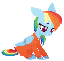 Size: 3171x3000 | Tagged: safe, artist:belka-sempai, imported from derpibooru, rainbow dash, pegasus, pony, clothes, commission, commissioner:rainbowdash69, cuffed, cuffs, looking down, never doubt rainbowdash69's involvement, prison outfit, prisoner, prisoner rd, shackles, simple background, solo, transparent background, wing cuffs