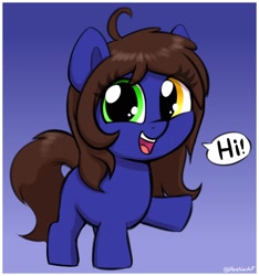 Size: 1514x1618 | Tagged: safe, artist:heretichesh, imported from derpibooru, oc, oc only, oc:tekky, earth pony, pony, cute, female, filly, foal, gradient background, heterochromia, hi, ocbetes, open mouth, open smile, smiling, solo, speech bubble, talking to viewer, waving