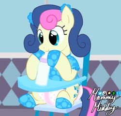 Size: 900x863 | Tagged: safe, artist:mommymidday, imported from derpibooru, bon bon, sweetie drops, earth pony, pony, abdl, adult foal, baby bottle, booties, chair, clothes, curly hair, diaper, diaper fetish, drinking, female, fetish, highchair, mare, milk, non-baby in diaper, pigtails, polka dots, poofy diaper, scrunchie, shirt, show accurate, signature, solo