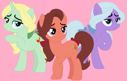 Size: 656x422 | Tagged: safe, artist:sturk-fontaine, imported from derpibooru, dear darling, fond feather, swoon song, earth pony, pegasus, unicorn, base used, bimbettes, colored background