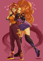 Size: 1240x1754 | Tagged: safe, artist:nire, imported from derpibooru, adagio dazzle, sunset shimmer, equestria girls, bedroom eyes, boots, clothes, duo, duo female, embrace, eyeshadow, female, high heel boots, holding hands, hug, hug from behind, jacket, lesbian, lipstick, looking at each other, looking at someone, makeup, nail polish, shipping, shoes, shorts, smiling, spiked headband, spiked wristband, sunsagio, tail, wristband
