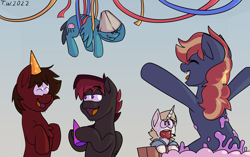 Size: 2238x1408 | Tagged: safe, artist:beefgummies, imported from derpibooru, oc, oc only, oc:beef gummies, oc:blood clot, oc:fat jellyfish, oc:sweeden, oc:the magical pony dude, earth pony, pegasus, pony, unicorn, apple bobbing, barrel, birthday, curly mane, eyes closed, food, frosting, hat, lampshade, lampshade hat, laughing, lidded eyes, ocs everywhere, party, party hat, popping out of a cake, streamers, two toned mane, wingding eyes