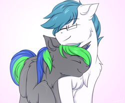 Size: 2300x1900 | Tagged: safe, artist:snowstormbat, imported from derpibooru, oc, oc only, oc:ironsides, oc:sparky starfall, earth pony, pony, unicorn, cheek fluff, chest fluff, chin fluff, ear fluff, eyebrows, eyebrows visible through hair, eyes closed, floppy ears, gay, glasses, male, nuzzling, oc x oc, raised hoof, shipping, shoulder fluff, simple background, smiling, stallion, stallion on stallion, white background