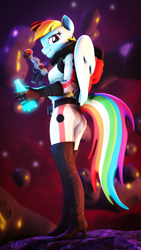 Size: 4320x7680 | Tagged: safe, artist:lagmanor, imported from derpibooru, rainbow dash, anthro, pegasus, plantigrade anthro, 3d, absurd file size, absurd resolution, ass, asteroid, butt, fallout, female, grin, jetpack, looking at you, looking back, looking back at you, mare, nebula, nuka cola, nuka cola quantum, nuka girl, ponified, rainbutt dash, smiling, smiling at you, solo, source filmmaker, space, spacesuit, stars, tail, vignette