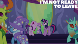 Size: 1920x1080 | Tagged: safe, edit, edited screencap, editor:quoterific, imported from derpibooru, screencap, cornicle, starlight glimmer, thorax, trixie, twilight sparkle, alicorn, changedling, changeling, pony, unicorn, celestial advice, season 7, cape, clothes, female, hat, king thorax, male, mare, nose in the air, open mouth, trixie's cape, trixie's hat, twilight sparkle (alicorn), twilight's castle