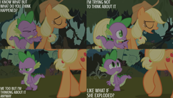 Size: 4400x2475 | Tagged: safe, edit, edited screencap, editor:quoterific, imported from derpibooru, screencap, applejack, spike, dragon, earth pony, pony, feeling pinkie keen, season 1, applejack's hat, cowboy hat, duo, eyes closed, female, hat, male, mare, open mouth, walking