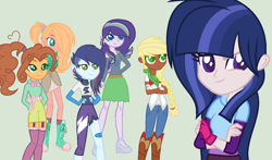 Size: 1382x810 | Tagged: safe, artist:daisy-lemur101, imported from derpibooru, oc, oc only, dracony, hybrid, equestria girls, base used, boots, braid, clothes, cowboy boots, crossed arms, female, freckles, gloves, green background, group, hand on hip, hands behind back, horn, interspecies offspring, jeans, long gloves, long hair, long sleeves, offspring, pants, parent:applejack, parent:big macintosh, parent:cheese sandwich, parent:flash sentry, parent:fluttershy, parent:pinkie pie, parent:rainbow dash, parent:rarity, parent:soarin', parent:spike, parent:trouble shoes, parent:twilight sparkle, parents:cheesepie, parents:flashlight, parents:fluttermac, parents:soarindash, parents:sparity, parents:troublejack, platform shoes, ponytail, shirt, shoes, short sleeves, simple background, skirt, smiling, stockings, sweater, thigh highs