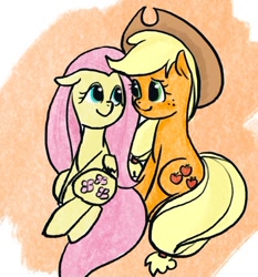 Size: 632x679 | Tagged: safe, artist:laya-21, imported from derpibooru, applejack, fluttershy, earth pony, pegasus, pony, appleshy, female, lesbian, shipping, smiling